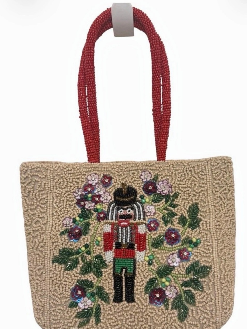 Beaded Floral Tote in Beige & Red NWT